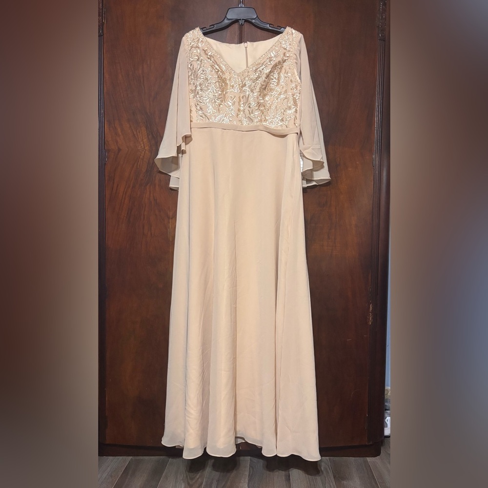 Elegant Champagne Embroidered Flutter-Sleeve Dress